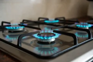 Close-up of blue gas stove flames representing Karachi gas smell caused by temporary odorant increase during SSGC pipeline testing