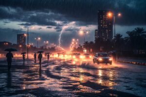 Heavy monsoon rain and thunder over Karachi city streets with people holding umbrellas and cars driving on wet roads during Karachi rain today