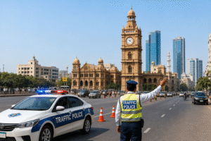 Karachi Traffic Police managing traffic near MA Jinnah Road during the Chehlum procession under the Karachi traffic plan with road diversions and security arrangements.