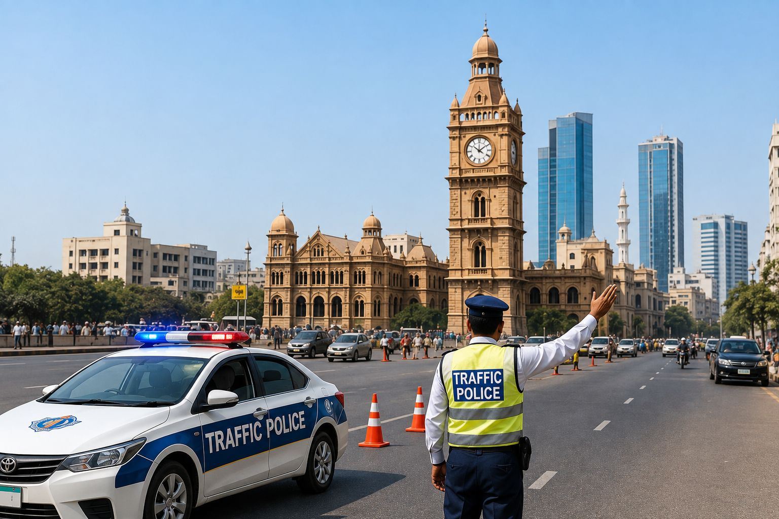 Karachi Traffic Police managing traffic near MA Jinnah Road during the Chehlum procession under the Karachi traffic plan with road diversions and security arrangements.