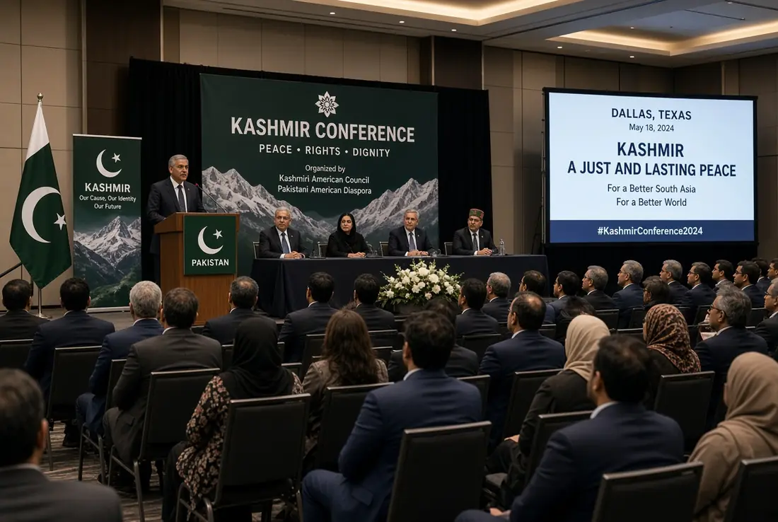 Speakers and attendees at Kashmir conference in Dallas Texas discussing peaceful settlement of Kashmir issue under UN resolutions with Pakistani flags and banners