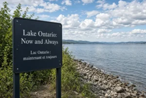 Official lakeside sign reading Lake Ontario Now and Always on the Canadian shore after the Lake America renaming decision