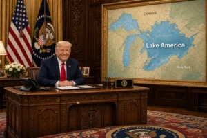 US President Donald Trump smiles at the Resolute Desk in the Oval Office next to a large map labeling Lake Ontario as Lake America, with Canada and New York visible on the high-quality graphic.