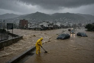Worker clearing rainwater from flooded road during Leh Nullah Flood alert in Rawalpindi after heavy monsoon rains