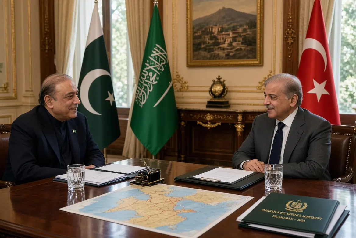 President Asif Ali Zardari and Prime Minister Shehbaz Sharif discuss the Makkah Defence Agreement with Pakistan, Saudi Arabia and Turkey flags in the background