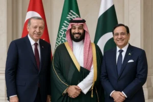 Turkish President Erdogan, Saudi Crown Prince Mohammed bin Salman and Pakistani Prime Minister Shehbaz Sharif pose after signing the Makkah defence pact