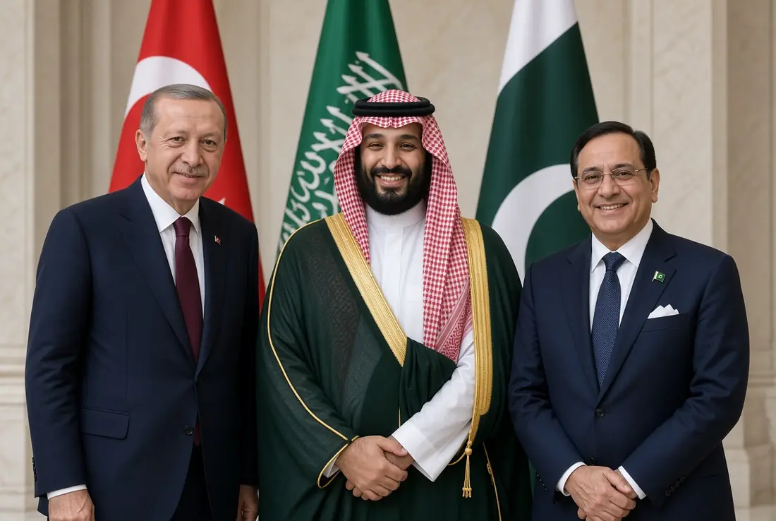 Turkish President Erdogan, Saudi Crown Prince Mohammed bin Salman and Pakistani Prime Minister Shehbaz Sharif pose after signing the Makkah defence pact