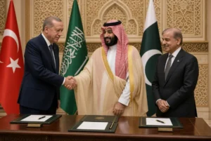 Turkish President Erdogan, Saudi Crown Prince Mohammed bin Salman and Pakistan PM Shehbaz Sharif shake hands after signing the Makkah Defence Pact in an official summit