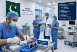 mandatory HIV screening test kits and medical staff preparing for safe surgical procedures in a Pakistani hospital