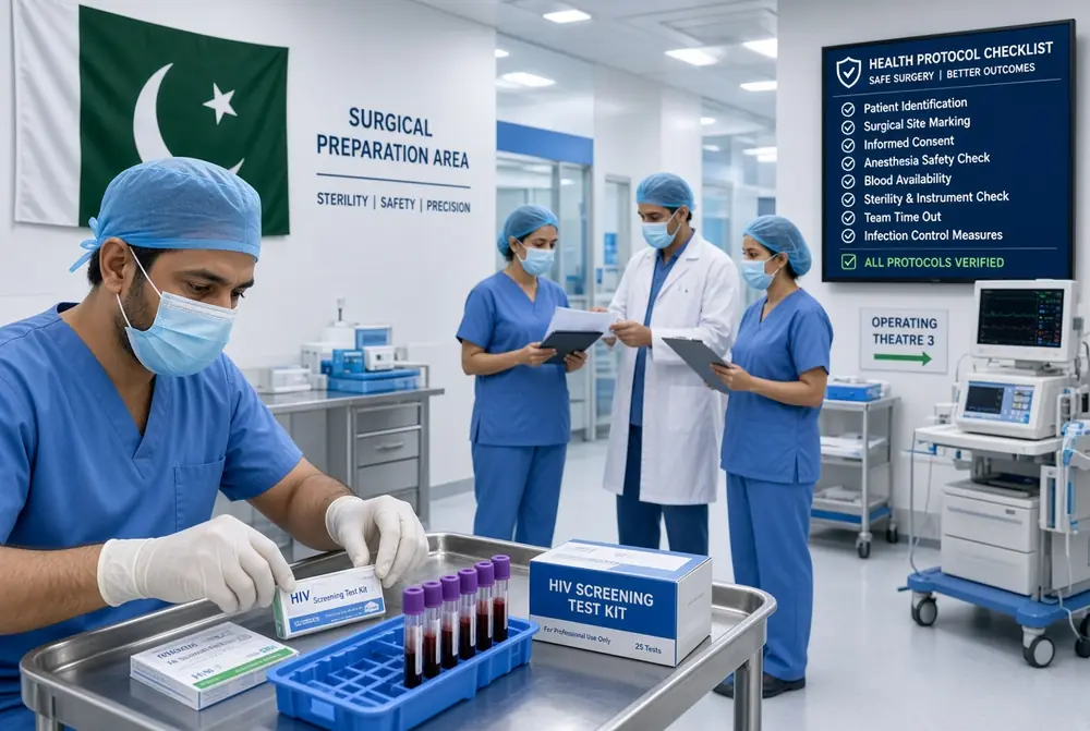 mandatory HIV screening test kits and medical staff preparing for safe surgical procedures in a Pakistani hospital