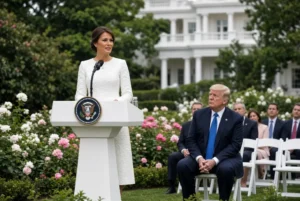 Melania Trump speaking at podium during her public return at White House Rose Garden event with President Trump seated nearby