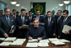 Prime Minister Shehbaz Sharif reviewing official documents for ministries performance review with senior cabinet officials in Islamabad office