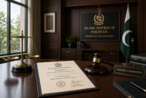 Official inquiry desk with scales of justice, gavel and documents representing the judicial commission formed in the Mir Raza case