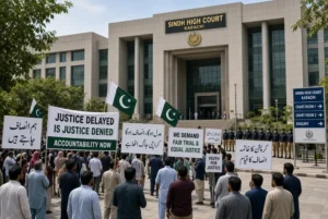 Protesters holding banners outside Sindh High Court demanding justice in Mir Raza murder case in Karachi
