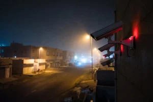 CCTV security cameras monitoring a foggy nighttime street in Gulistan-e-Johar during the Mir Raza murder investigation