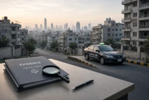 Evidence folder with magnifying glass and online cab on a Karachi street at dawn related to Mir Raza murder investigation