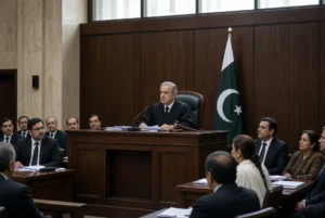 Judge presiding over Mir Raza probe judicial commission hearing in a Pakistani courtroom with lawyers and family members present
