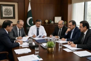 MLO Removed showing officials and a doctor in a formal government meeting reviewing medical and legal documents related to the Mir Raza Ali case