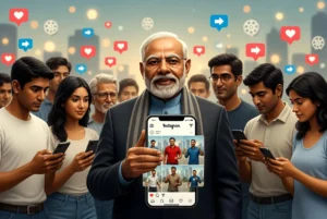 Narendra Modi holding a smartphone displaying Instagram reels surrounded by young Indian Gen Z voters using mobile phones with social media icons