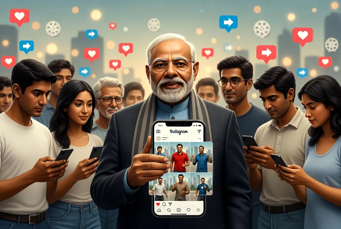 Narendra Modi holding a smartphone displaying Instagram reels surrounded by young Indian Gen Z voters using mobile phones with social media icons