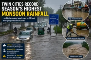 Monsoon rainfall causes flooding in Rawalpindi and Islamabad with roads and low lying areas inundated