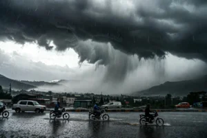 Heavy monsoon rains flooding roads with motorcyclists riding through rain under dark stormy clouds in Pakistan