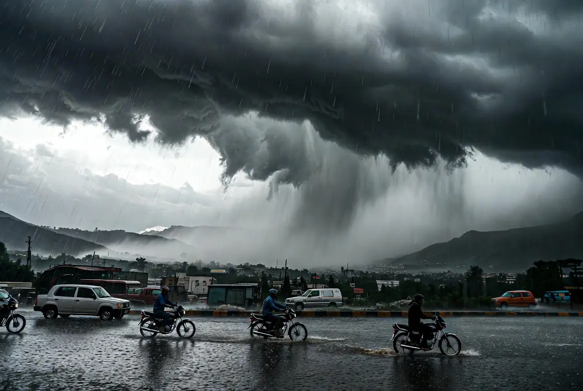 Heavy monsoon rains flooding roads with motorcyclists riding through rain under dark stormy clouds in Pakistan