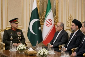 Field Marshal Asim Munir in military uniform meets Iranian officials during Munir Tehran visit with Pakistan and Iran flags in background