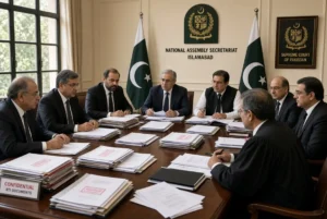 Officials and lawyers reviewing confidential RTI documents at National Assembly Secretariat Islamabad during discussion on NA lawyers fees payments