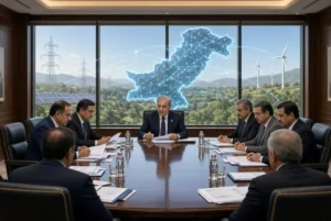 Prime Minister Shehbaz Sharif chairs Cabinet Committee on Energy meeting reviewing National Electricity Plan with digital Pakistan energy map and renewable power infrastructure