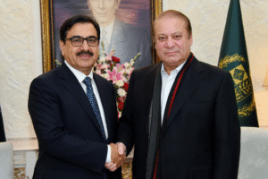 Former Prime Minister Nawaz Sharif shaking hands with Rana Sanaullah in an official meeting context.