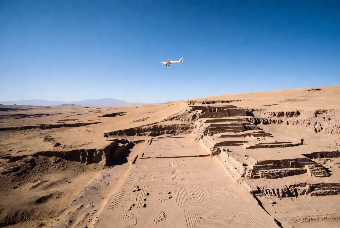Aerial view of Nazca Lines desert geoglyphs with a small tourist plane flying overhead related to the Nazca plane crash