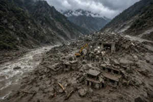 Rescue teams and excavator clearing debris at a blocked hydropower tunnel after devastating Nepal floods in the Himalayan mountains