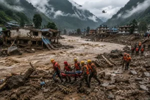 Nepal Floods rescue teams carrying a survivor through muddy flood debris