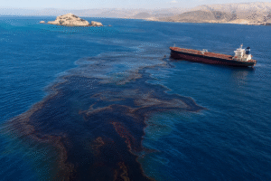 Oil tanker surrounded by a large oil slick in the sea near Oman