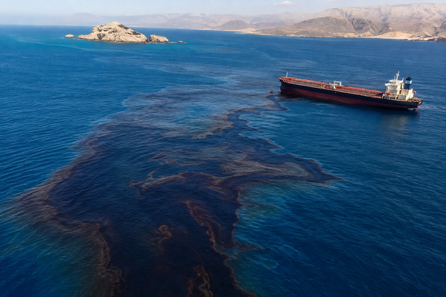 Oil tanker surrounded by a large oil slick in the sea near Oman