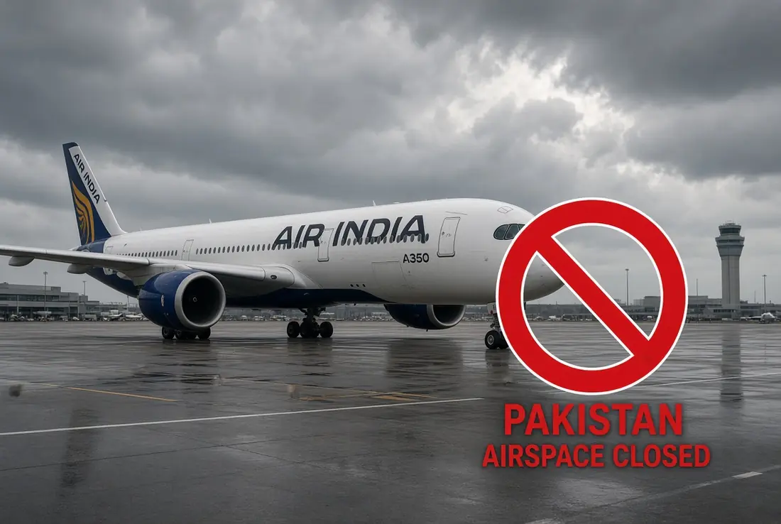 Air India plane on tarmac with Pakistan Airspace Ban restriction sign showing closed airspace for Indian aircraft