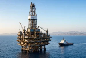 Modern offshore oil drilling platform operated by Turkish Petroleum in Pakistani territorial waters with a support vessel nearby under clear sky during Pakistan offshore drilling operations
