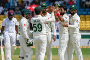 Pakistan cricket team celebrates after defeating West Indies by eight wickets in the second Test to level the series 1-1.