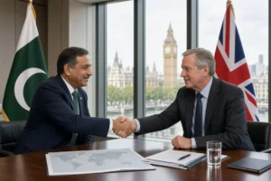 Pakistani and British officials shaking hands during Pakistan UK cooperation talks on counterterrorism in London with national flags and Big Ben visible