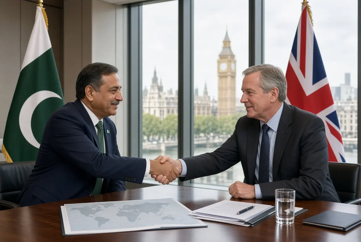 Pakistani and British officials shaking hands during Pakistan UK cooperation talks on counterterrorism in London with national flags and Big Ben visible