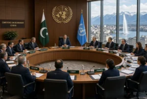 Diplomats at the United Nations Conference on Disarmament in Geneva during Pakistan UN presidency with Pakistani and UN flags displayed