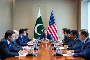 Pakistani and US officials in formal meeting during Pakistan US counterterrorism dialogue in Washington with national flag