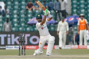 Abdullah Shafique and Babar Azam batting during the Pakistan West Indies second Test match after building a strong unbeaten partnership.