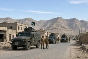 Pakistani security forces vehicles and personnel patrolling a dusty street in Balochistan during the Panjgur IBO operation
