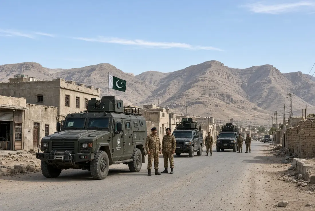 Pakistani security forces vehicles and personnel patrolling a dusty street in Balochistan during the Panjgur IBO operation