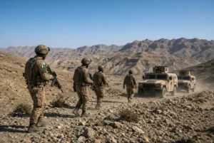 Pakistani security forces conducting Panjgur IBO patrol with military vehicles in the mountainous terrain of Balochistan