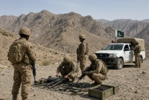 Pakistani security forces examining recovered weapons and ammunition during successful Panjgur operation in Balochistan’s rugged terrain