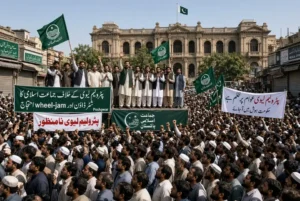 petroleum levy strike announced by Jamaat-i-Islami leaders and supporters during protest in Peshawar