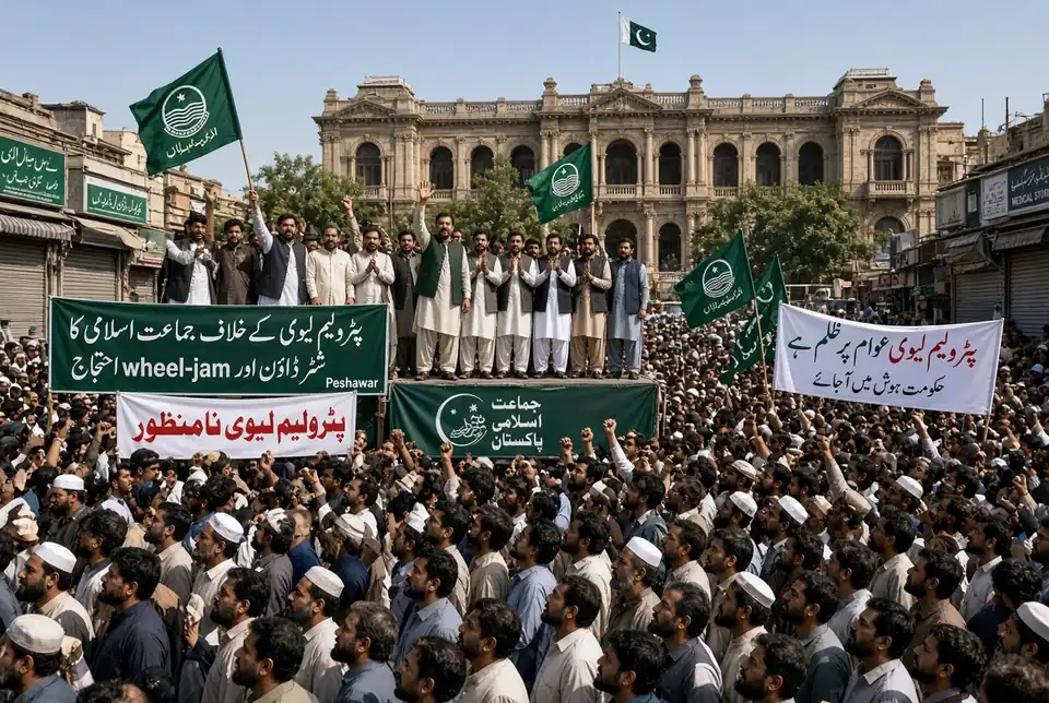 petroleum levy strike announced by Jamaat-i-Islami leaders and supporters during protest in Peshawar